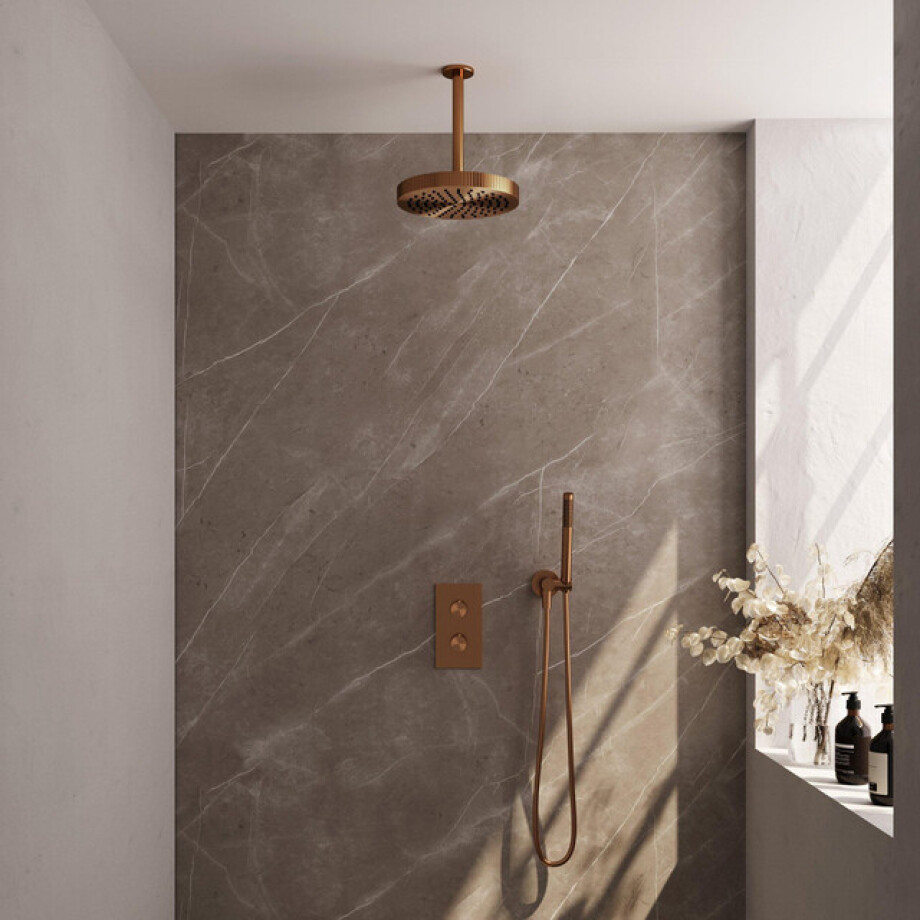 BRAUER Stripe Thermostatische Inbouw Regendouche - 3-weg - rechthoekig - SET 15 - 25cm douchekop - plafondarm - staaf handdouche - doucheslang - wandaansluitbocht - koper geborsteld PVD 5-GK-393 afbeelding 1