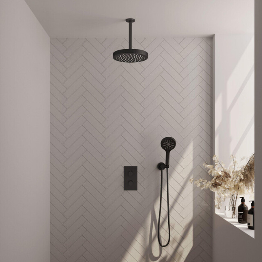 BRAUER Stripe Thermostatische Inbouw Regendouche - 3-weg - rechthoekig - SET 18 - 25cm douchekop - plafondarm - 3-standen handdouche - doucheslang - wandaansluitbocht - mat zwart 5-S-399 afbeelding 1