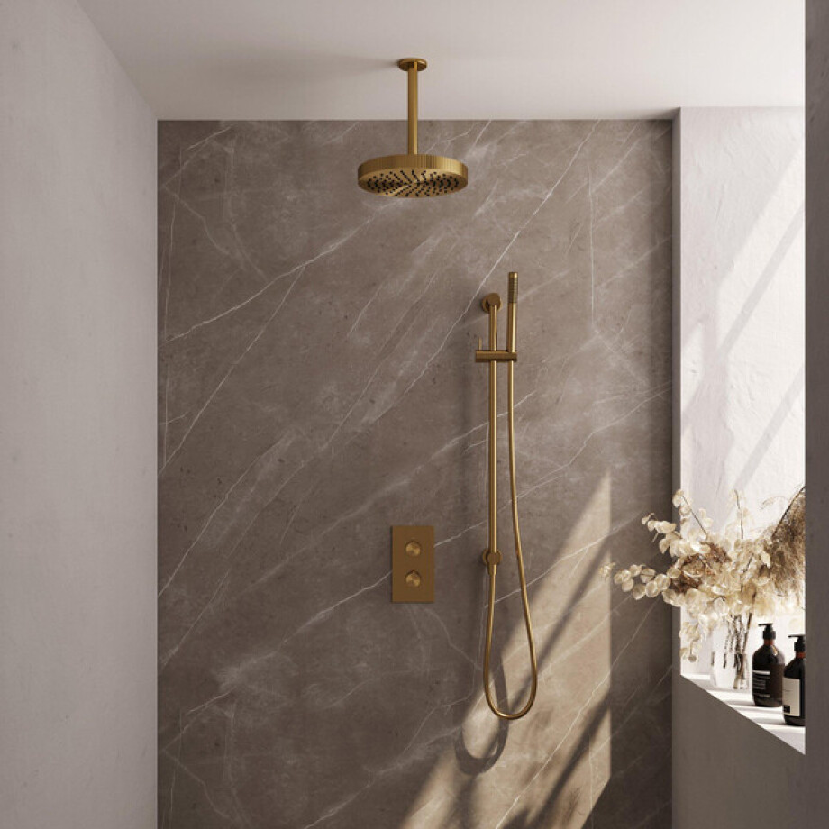 BRAUER Stripe Thermostatische Inbouw Regendouche - 3-weg - rechthoekig - SET 21 - 25cm douchekop - plafondarm - staaf handdouche - doucheslang - geïntegreerde glijstang - goud geborsteld PVD 5-GG-405 afbeelding 1
