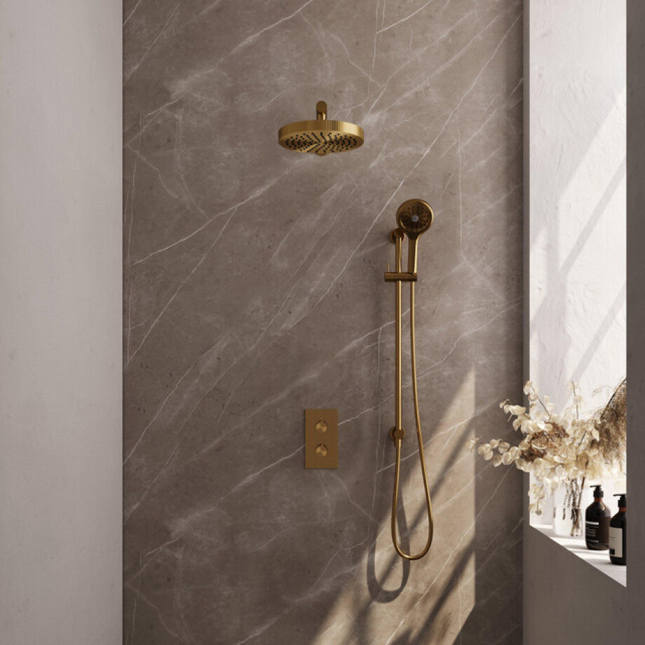 BRAUER Stripe Thermostatische Inbouw Regendouche - 3-weg - rechthoekig - SET 22 - 25cm douchekop - rechte muurarm - 3-standen handdouche - doucheslang - geïntegreerde glijstang - goud geborsteld PVD 5-GG-407 afbeelding 1