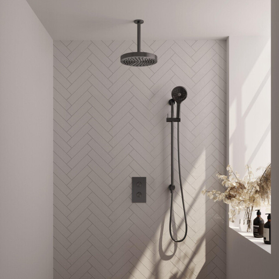 BRAUER Stripe Thermostatische Inbouw Regendouche - 3-weg - rechthoekig - SET 24 - 25cm douchekop - plafondarm - 3-standen handdouche - doucheslang - geïntegreerde glijstang - gunmetal geborsteld PVD 5-GM-411 afbeelding 1