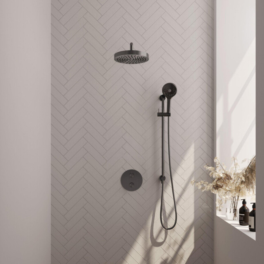 BRAUER Stripe Thermostatische Inbouw Regendouche - 3-weg - rond - 25cm douchekop - gebogen muurarm - 3-standen handdouche - doucheslang - geïntegreerde glijstang - gunmetal geborsteld PVD 5-GM-457 afbeelding 1