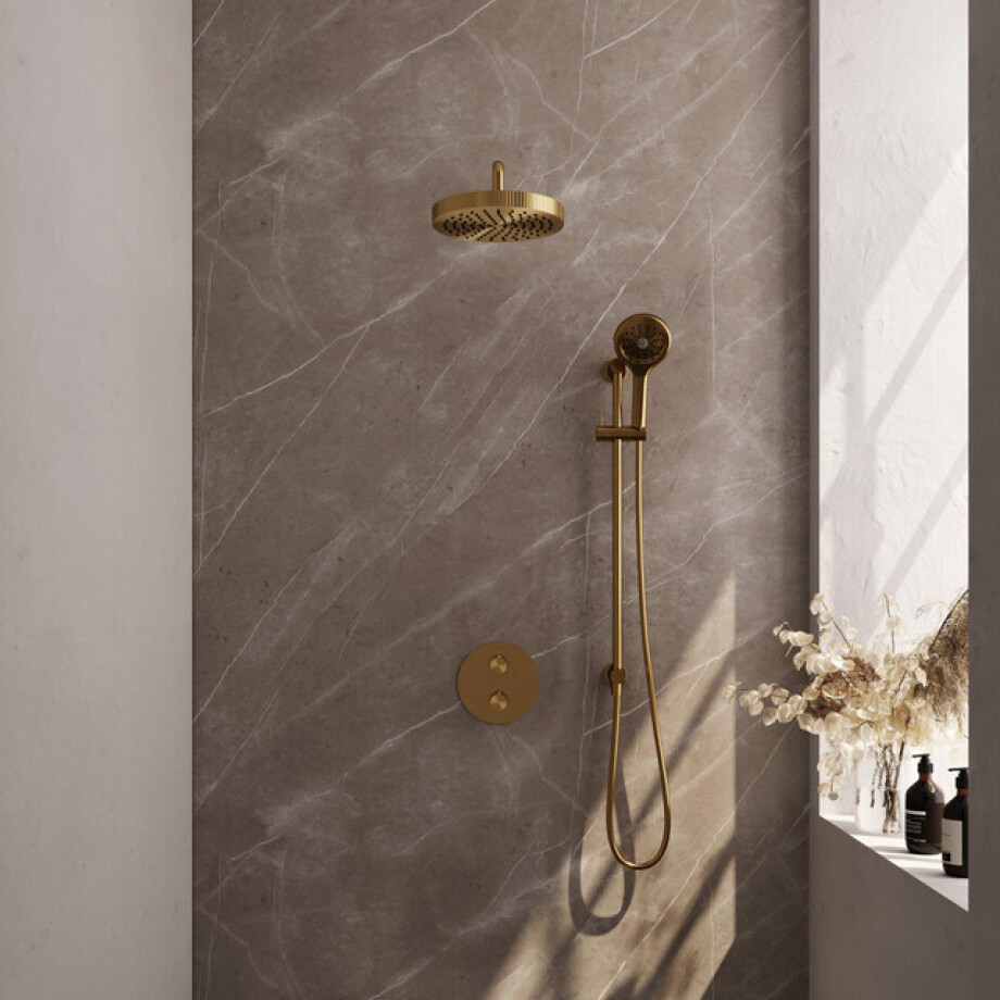 BRAUER Stripe Thermostatische Inbouw Regendouche - 3-weg - rond - 25cm douchekop - gebogen muurarm - 3-standen handdouche - doucheslang - geïntegreerde glijstang - goud geborsteld PVD 5-GG-457 afbeelding 1