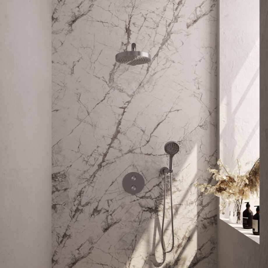 BRAUER Stripe Thermostatische Inbouw Regendouche - 3-weg - rond - 25cm douchekop - rechte muurarm - 3-standen handdouche - doucheslang - wandaansluitbocht - RVS-kleurig geborsteld PVD 5-NG-443 BRAUER Stripe Thermostatische Inbouw Regendouche - 3-weg - rond - 25cm douchekop - rechte muurarm - 3-standen handdouche - doucheslang - wandaansluitbocht - RVS-kleurig geborsteld PVD 5-NG-443 afbeelding 1