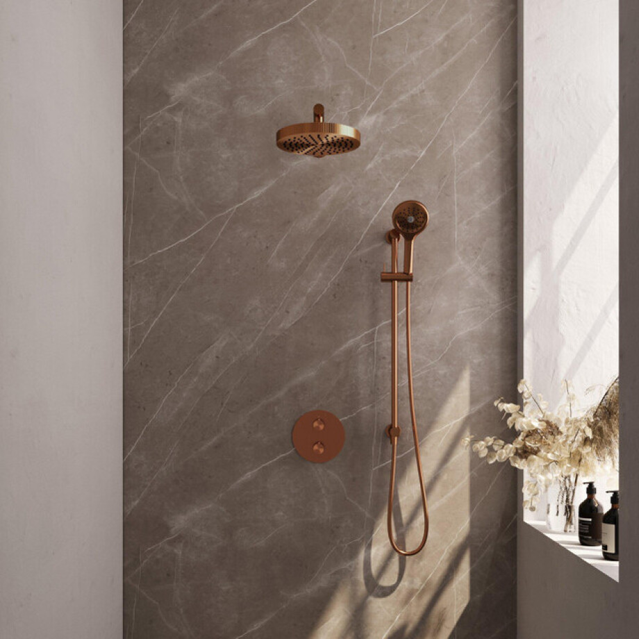 BRAUER Stripe Thermostatische Inbouw Regendouche - 3-weg - rond - 25cm douchekop - rechte muurarm - 3-standen handdouche - doucheslang - geïntegreerde glijstang - koper geborsteld PVD 5-GK-455 BRAUER Stripe Thermostatische Inbouw Regendouche - 3-weg - rond - 25cm douchekop - rechte muurarm - 3-standen handdouche - doucheslang - geïntegreerde glijstang - koper geborsteld PVD 5-GK-455 afbeelding 1