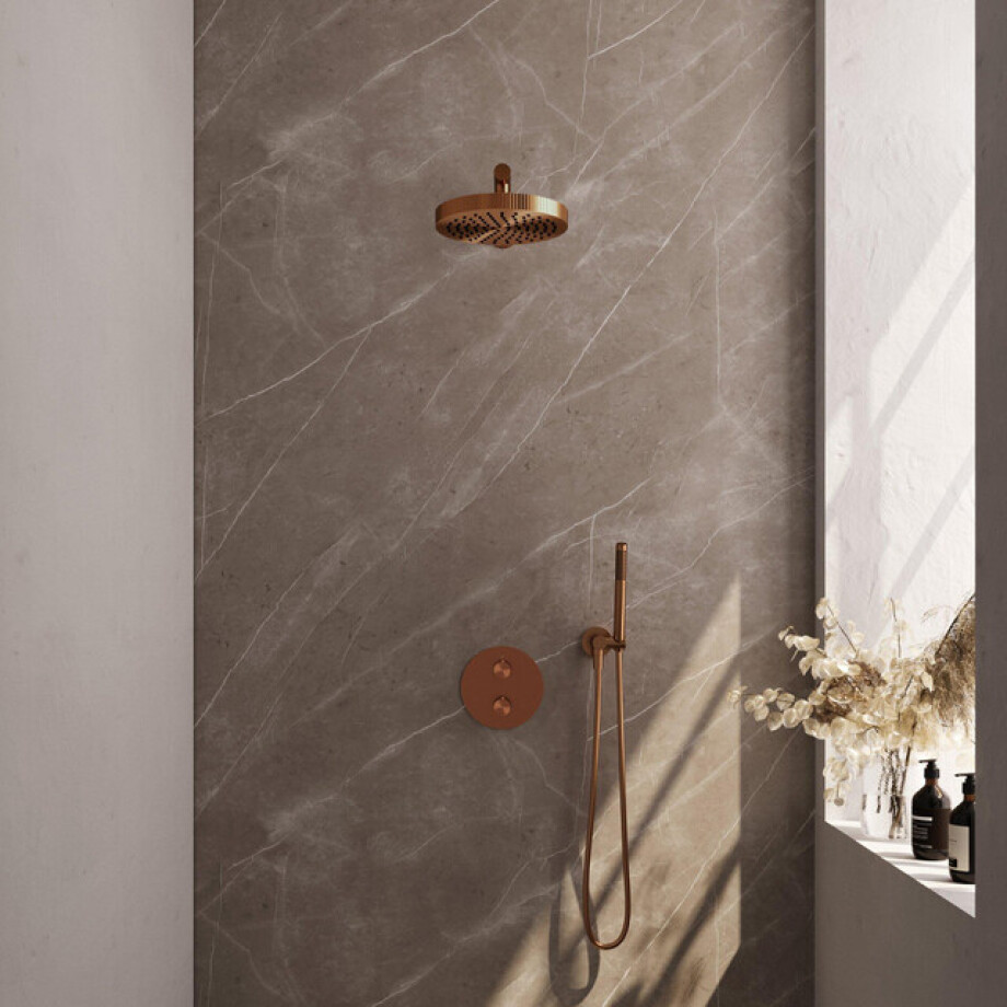 BRAUER Stripe Thermostatische Inbouw Regendouche - 3-weg - rond - SET 37 - 25cm douchekop - rechte muurarm - staaf handdouche - doucheslang - wandaansluitbocht - koper geborsteld PVD 5-GK-437 BRAUER Stripe Thermostatische Inbouw Regendouche - 3-weg - rond - SET 37 - 25cm douchekop - rechte muurarm - staaf handdouche - doucheslang - wandaansluitbocht - koper geborsteld PVD 5-GK-437 afbeelding 1