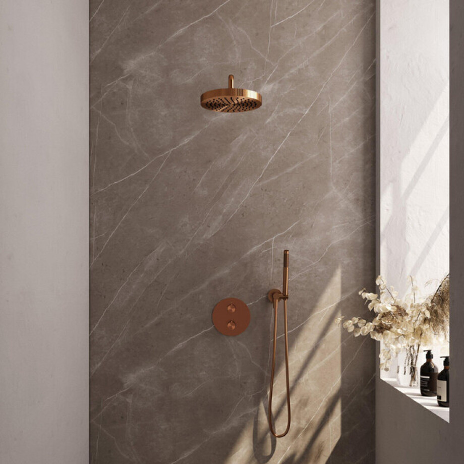 BRAUER Stripe Thermostatische Inbouw Regendouche - 3-weg - rond - SET 38 - 25cm douchekop - gebogen muurarm - staaf handdouche - doucheslang - wandaansluitbocht - koper geborsteld PVD 5-GK-439 BRAUER Stripe Thermostatische Inbouw Regendouche - 3-weg - rond - SET 38 - 25cm douchekop - gebogen muurarm - staaf handdouche - doucheslang - wandaansluitbocht - koper geborsteld PVD 5-GK-439 afbeelding 1