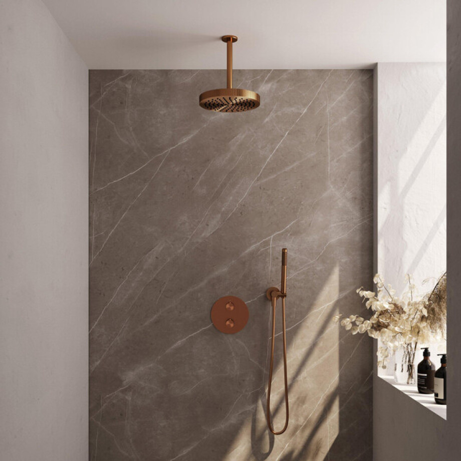 BRAUER Stripe Thermostatische Inbouw Regendouche - 3-weg - rond - SET 39 - 25cm douchekop - plafondarm - staaf handdouche - doucheslang - wandaansluitbocht - koper geborsteld PVD 5-GK-441 BRAUER Stripe Thermostatische Inbouw Regendouche - 3-weg - rond - SET 39 - 25cm douchekop - plafondarm - staaf handdouche - doucheslang - wandaansluitbocht - koper geborsteld PVD 5-GK-441 afbeelding 1