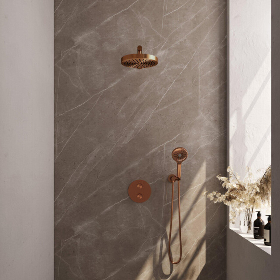 BRAUER Stripe Thermostatische Inbouw Regendouche - 3-weg - rond - SET 40 - 25cm douchekop - rechte muurarm - 3-standen handdouche - doucheslang - wandaansluitbocht - koper geborsteld PVD 5-GK-443 BRAUER Stripe Thermostatische Inbouw Regendouche - 3-weg - rond - SET 40 - 25cm douchekop - rechte muurarm - 3-standen handdouche - doucheslang - wandaansluitbocht - koper geborsteld PVD 5-GK-443 afbeelding 1