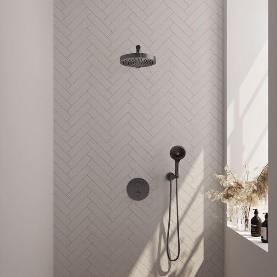 BRAUER Stripe Thermostatische Inbouw Regendouche - 3-weg - rond - SET 40 - 25cm douchekop - rechte muurarm - 3-standen handdouche - doucheslang - wandaansluitbocht - gunmetal geborsteld PVD 5-GM-443 afbeelding 1