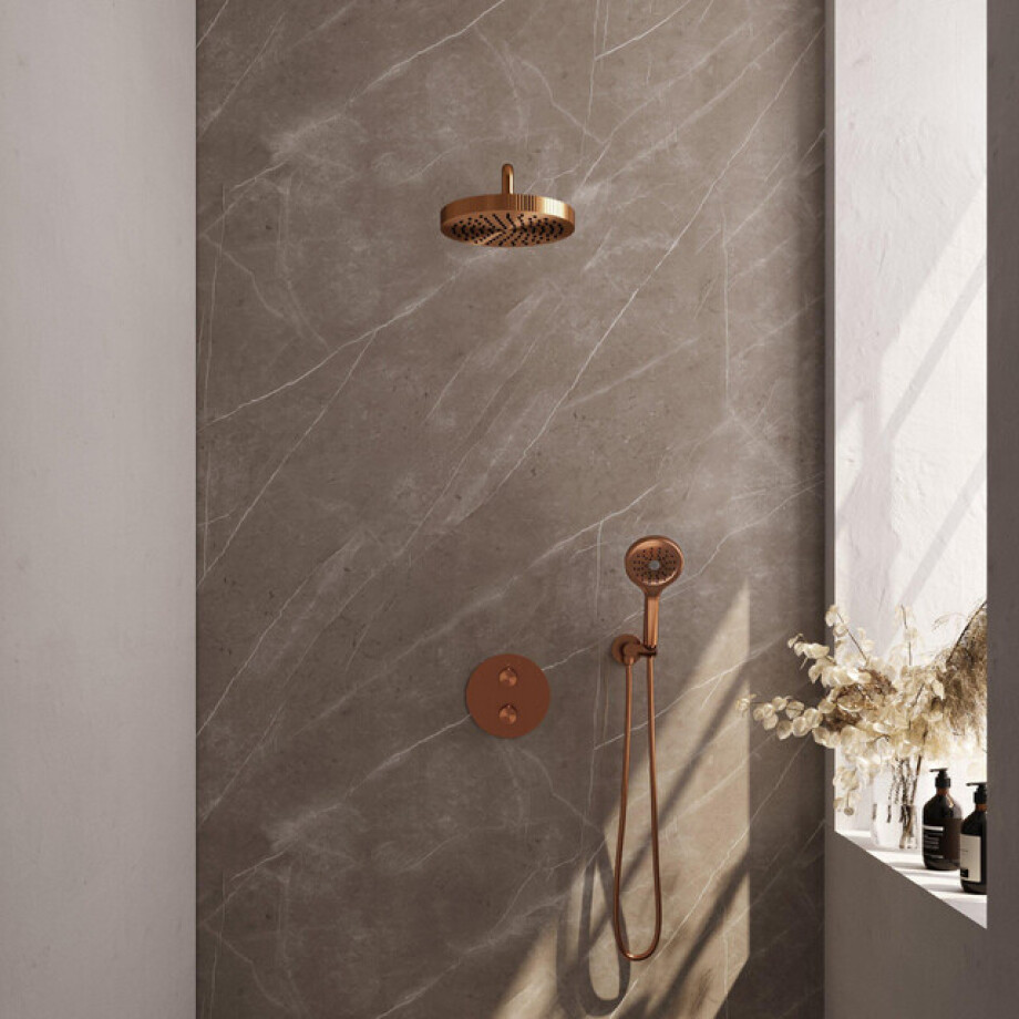BRAUER Stripe Thermostatische Inbouw Regendouche - 3-weg - rond - SET 41 - 25cm douchekop - gebogen muurarm - 3-standen handdouche - doucheslang - wandaansluitbocht - koper geborsteld PVD 5-GK-445 BRAUER Stripe Thermostatische Inbouw Regendouche - 3-weg - rond - SET 41 - 25cm douchekop - gebogen muurarm - 3-standen handdouche - doucheslang - wandaansluitbocht - koper geborsteld PVD 5-GK-445 afbeelding 1