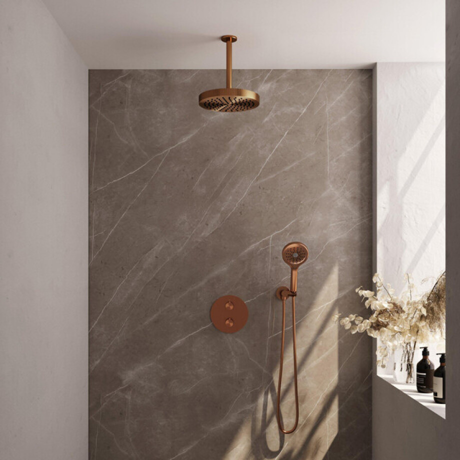 BRAUER Stripe Thermostatische Inbouw Regendouche - 3-weg - rond - SET 42 - 25cm douchekop - plafondarm - 3-standen handdouche - doucheslang - wandaansluitbocht - koper geborsteld PVD 5-GK-447 BRAUER Stripe Thermostatische Inbouw Regendouche - 3-weg - rond - SET 42 - 25cm douchekop - plafondarm - 3-standen handdouche - doucheslang - wandaansluitbocht - koper geborsteld PVD 5-GK-447 afbeelding 1