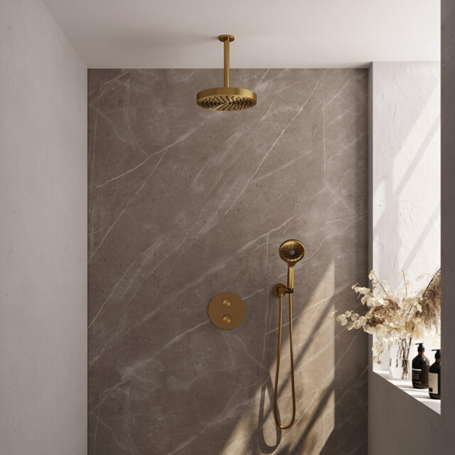 BRAUER Stripe Thermostatische Inbouw Regendouche - 3-weg - rond - SET 42 - 25cm douchekop - plafondarm - 3-standen handdouche - doucheslang - wandaansluitbocht - goud geborsteld PVD 5-GG-447 afbeelding 1