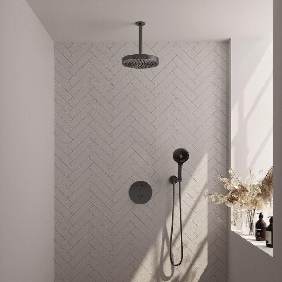 BRAUER Stripe Thermostatische Inbouw Regendouche - 3-weg - rond - SET 42 - 25cm douchekop - plafondarm - 3-standen handdouche - doucheslang - wandaansluitbocht - gunmetal geborsteld PVD 5-GM-447 afbeelding 1