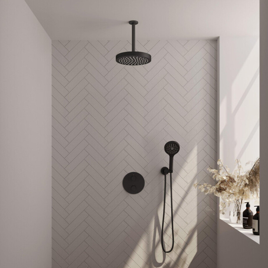 BRAUER Stripe Thermostatische Inbouw Regendouche - 3-weg - rond - SET 42 - 25cm douchekop - plafondarm - 3-standen handdouche - doucheslang - wandaansluitbocht - mat zwart 5-S-447 BRAUER Stripe Thermostatische Inbouw Regendouche - 3-weg - rond - SET 42 - 25cm douchekop - plafondarm - 3-standen handdouche - doucheslang - wandaansluitbocht - mat zwart 5-S-447 afbeelding 1