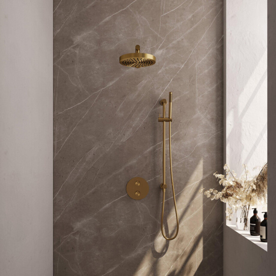 BRAUER Stripe Thermostatische Inbouw Regendouche - 3-weg - rond - SET 43 - 25cm douchekop - rechte muurarm - staaf handdouche - doucheslang - geïntegreerde glijstang - goud geborsteld PVD 5-GG-449 afbeelding 1