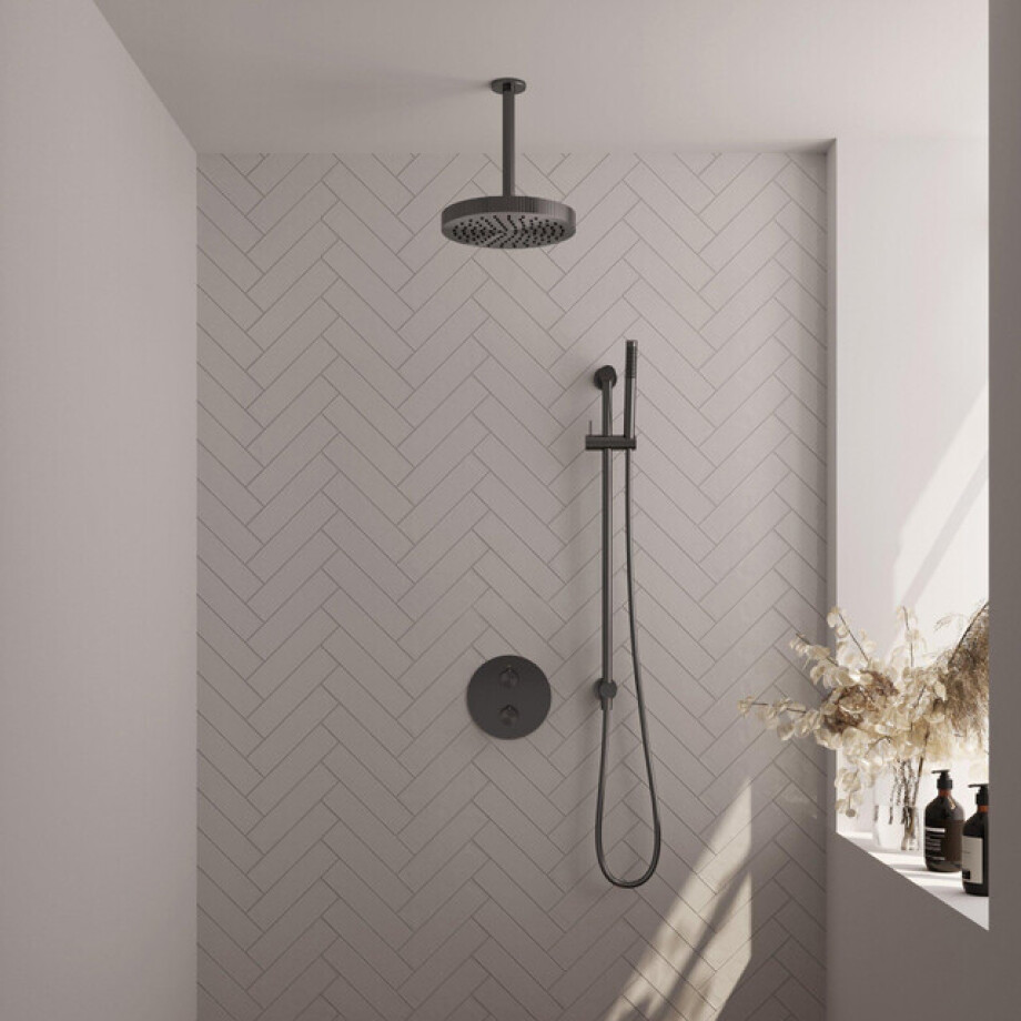 BRAUER Stripe Thermostatische Inbouw Regendouche - 3-weg - rond - SET 45 - 25cm douchekop - plafondarm - staaf handdouche - doucheslang - geïntegreerde glijstang - gunmetal geborsteld PVD 5-GM-453 afbeelding 1