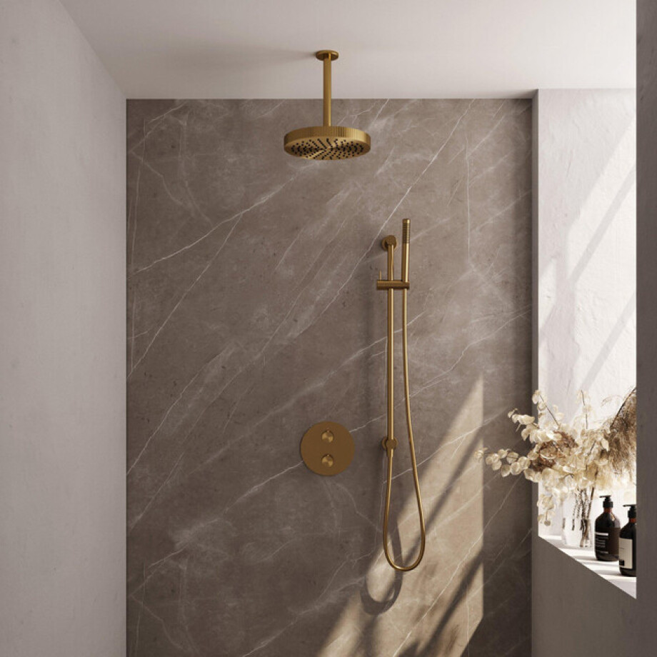 BRAUER Stripe Thermostatische Inbouw Regendouche - 3-weg - rond - SET 45 - 25cm douchekop - plafondarm - staaf handdouche - doucheslang - geïntegreerde glijstang - goud geborsteld PVD 5-GG-453 BRAUER Stripe Thermostatische Inbouw Regendouche - 3-weg - rond - SET 45 - 25cm douchekop - plafondarm - staaf handdouche - doucheslang - geïntegreerde glijstang - goud geborsteld PVD 5-GG-453 afbeelding 1