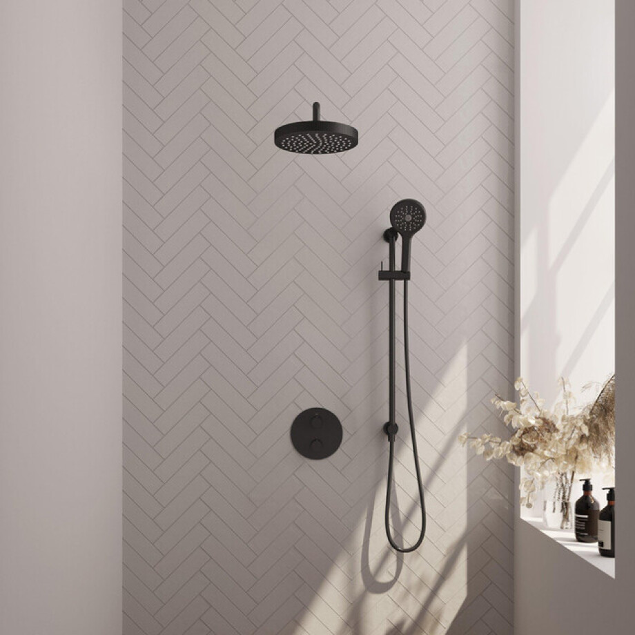 BRAUER Stripe Thermostatische Inbouw Regendouche - 3-weg - rond - SET 47 - 25cm douchekop - gebogen muurarm - 3-standen handdouche - doucheslang - geïntegreerde glijstang - mat zwart 5-S-457 BRAUER Stripe Thermostatische Inbouw Regendouche - 3-weg - rond - SET 47 - 25cm douchekop - gebogen muurarm - 3-standen handdouche - doucheslang - geïntegreerde glijstang - mat zwart 5-S-457 afbeelding 1