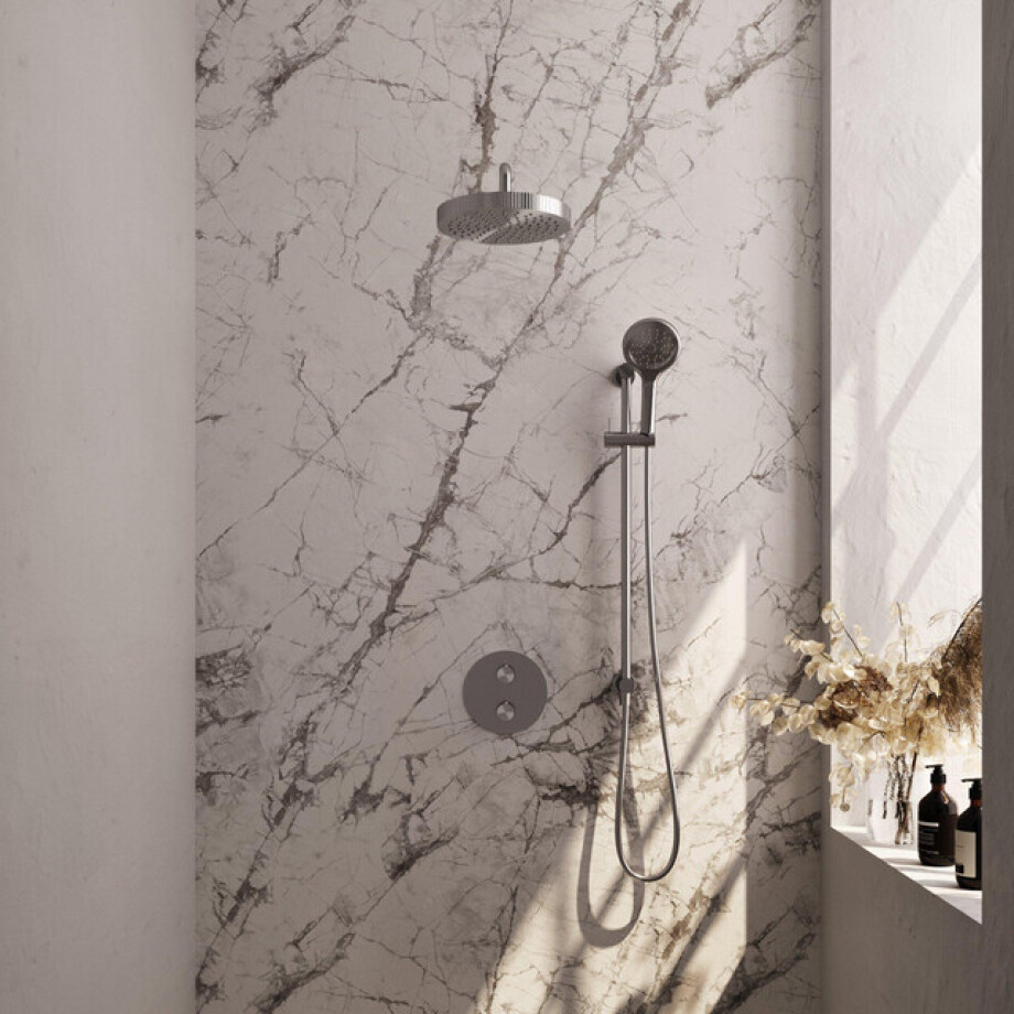 BRAUER Stripe Thermostatische Inbouw Regendouche - 3-weg - rond - SET 47 - 25cm douchekop - gebogen muurarm - 3-standen handdouche - doucheslang - geïntegreerde glijstang - RVS-kleurig geborsteld PVD 5-NG-457 afbeelding 1