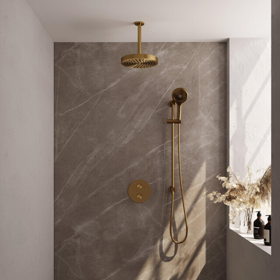 BRAUER Stripe Thermostatische Inbouw Regendouche - 3-weg - rond - SET 48 - 25cm douchekop - plafondarm - 3-standen handdouche - doucheslang - geïntegreerde glijstang - goud geborsteld PVD 5-GG-459 BRAUER Stripe Thermostatische Inbouw Regendouche - 3-weg - rond - SET 48 - 25cm douchekop - plafondarm - 3-standen handdouche - doucheslang - geïntegreerde glijstang - goud geborsteld PVD 5-GG-459 afbeelding 1