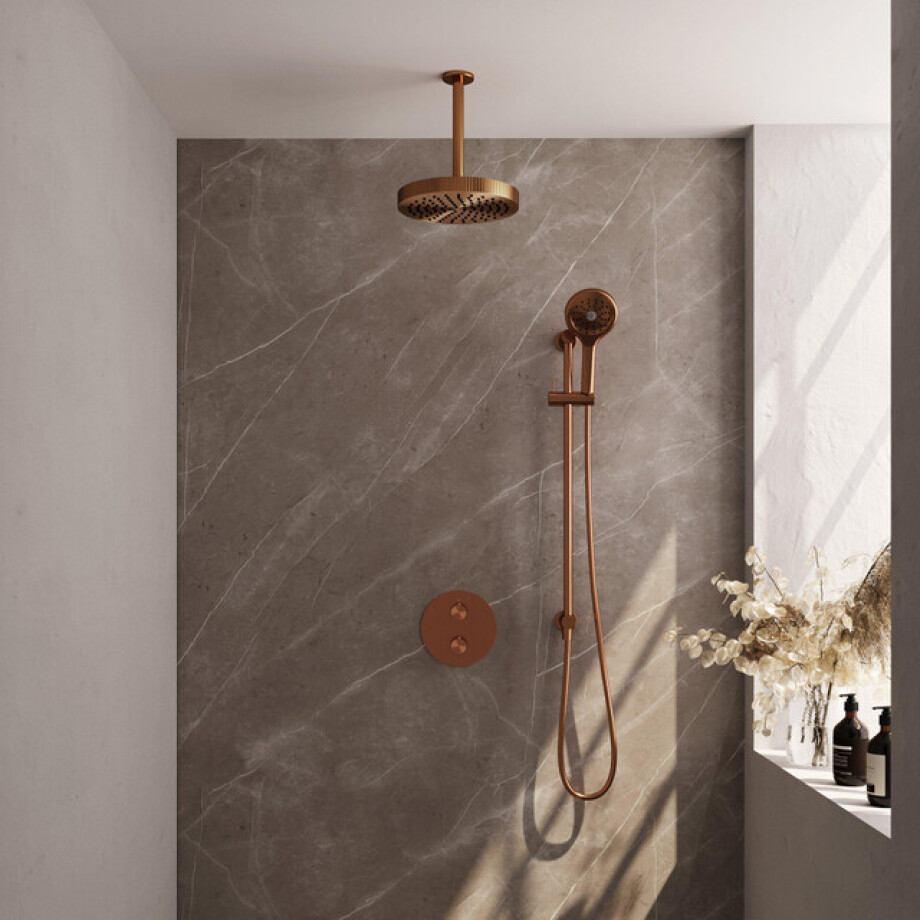 BRAUER Stripe Thermostatische Inbouw Regendouche - 3-weg - rond - SET 48 - 25cm douchekop - plafondarm - 3-standen handdouche - doucheslang - geïntegreerde glijstang - koper geborsteld PVD 5-GK-459 BRAUER Stripe Thermostatische Inbouw Regendouche - 3-weg - rond - SET 48 - 25cm douchekop - plafondarm - 3-standen handdouche - doucheslang - geïntegreerde glijstang - koper geborsteld PVD 5-GK-459 afbeelding 1