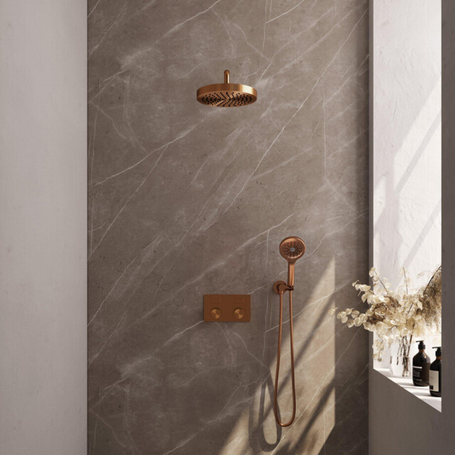 BRAUER Stripe Thermostatische Inbouw Regendouche - drukknoppen - 25cm douchekop - gebogen muurarm - 3-standen handdouche - doucheslang - wandaansluitbocht - koper geborsteld PVD 5-GK-421 afbeelding 1