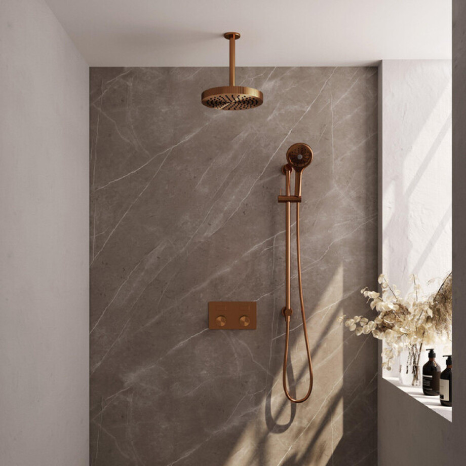 BRAUER Stripe Thermostatische Inbouw Regendouche - drukknoppen - 25cm douchekop - plafondarm - 3-standen handdouche - doucheslang - geïntegreerde glijstang - koper geborsteld PVD 5-GK-435 BRAUER Stripe Thermostatische Inbouw Regendouche - drukknoppen - 25cm douchekop - plafondarm - 3-standen handdouche - doucheslang - geïntegreerde glijstang - koper geborsteld PVD 5-GK-435 afbeelding 1