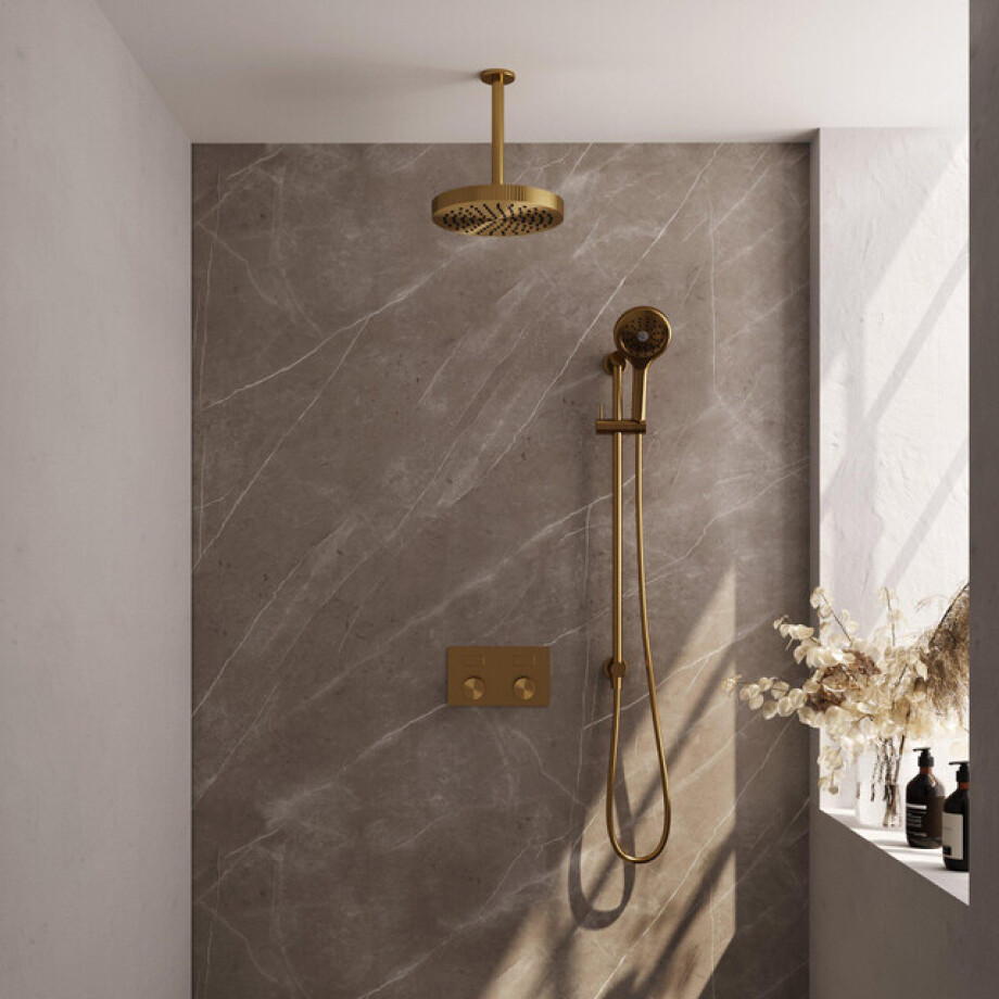 BRAUER Stripe Thermostatische Inbouw Regendouche - drukknoppen - 25cm douchekop - plafondarm - 3-standen handdouche - doucheslang - geïntegreerde glijstang - goud geborsteld PVD 5-GG-435 afbeelding 1