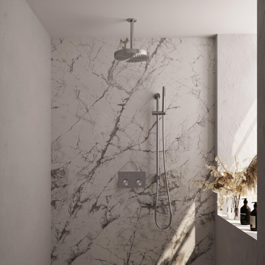 BRAUER Stripe Thermostatische Inbouw Regendouche - drukknoppen - 25cm douchekop - plafondarm - staaf handdouche - doucheslang - geïntegreerde glijstang - RVS-kleurig geborsteld PVD 5-NG-429 BRAUER Stripe Thermostatische Inbouw Regendouche - drukknoppen - 25cm douchekop - plafondarm - staaf handdouche - doucheslang - geïntegreerde glijstang - RVS-kleurig geborsteld PVD 5-NG-429 afbeelding 1