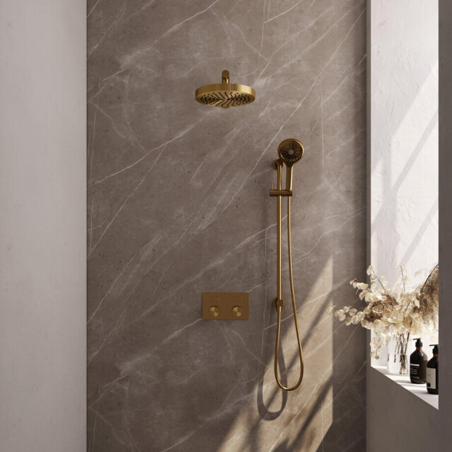 BRAUER Stripe Thermostatische Inbouw Regendouche - drukknoppen - 25cm douchekop - rechte muurarm - 3-standen handdouche - doucheslang - geïntegreerde glijstang - goud geborsteld PVD 5-GG-431 afbeelding 1