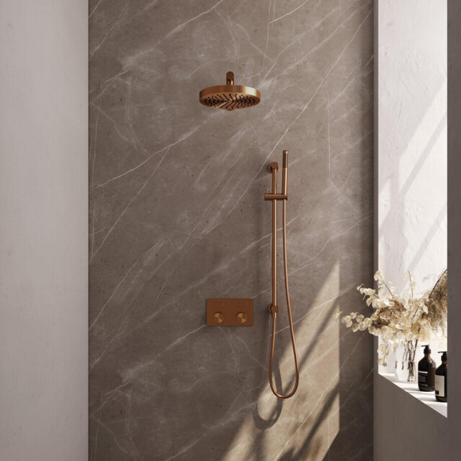 BRAUER Stripe Thermostatische Inbouw Regendouche - drukknoppen - 25cm douchekop - rechte muurarm - staaf handdouche - doucheslang - geïntegreerde glijstang - koper geborsteld PVD 5-GK-425 BRAUER Stripe Thermostatische Inbouw Regendouche - drukknoppen - 25cm douchekop - rechte muurarm - staaf handdouche - doucheslang - geïntegreerde glijstang - koper geborsteld PVD 5-GK-425 afbeelding 1