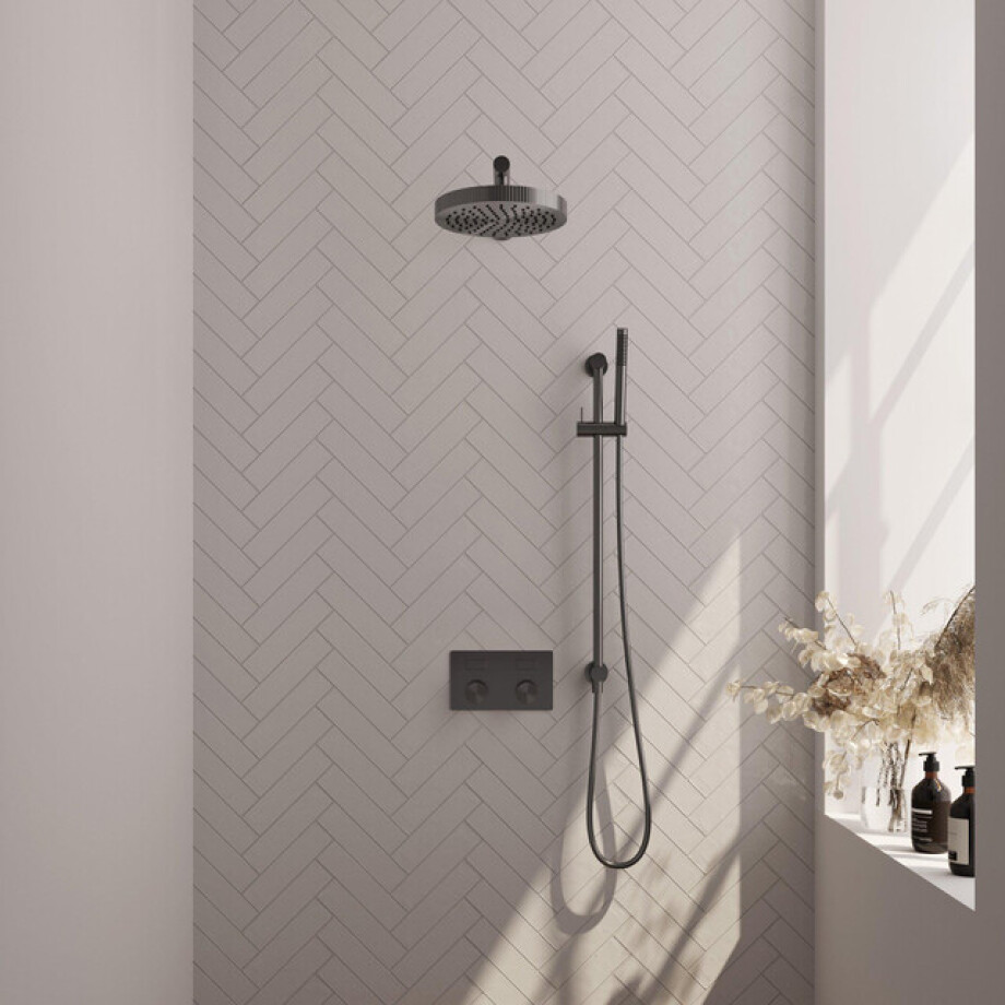 BRAUER Stripe Thermostatische Inbouw Regendouche - drukknoppen - 25cm douchekop - rechte muurarm - staaf handdouche - doucheslang - geïntegreerde glijstang - gunmetal geborsteld PVD 5-GM-425 afbeelding 1