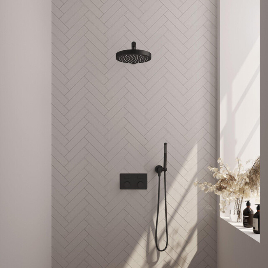 BRAUER Stripe Thermostatische Inbouw Regendouche - drukknoppen - SET 25 - 25cm douchekop - rechte muurarm - staaf handdouche - doucheslang - wandaansluitbocht - mat zwart 5-S-413 BRAUER Stripe Thermostatische Inbouw Regendouche - drukknoppen - SET 25 - 25cm douchekop - rechte muurarm - staaf handdouche - doucheslang - wandaansluitbocht - mat zwart 5-S-413 afbeelding 1