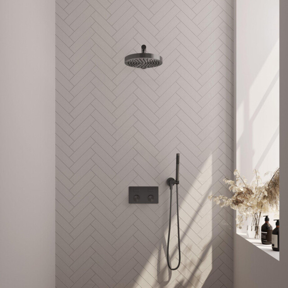 BRAUER Stripe Thermostatische Inbouw Regendouche - drukknoppen - SET 25 - 25cm douchekop - rechte muurarm - staaf handdouche - doucheslang - wandaansluitbocht - gunmetal geborsteld PVD 5-GM-413 afbeelding 1