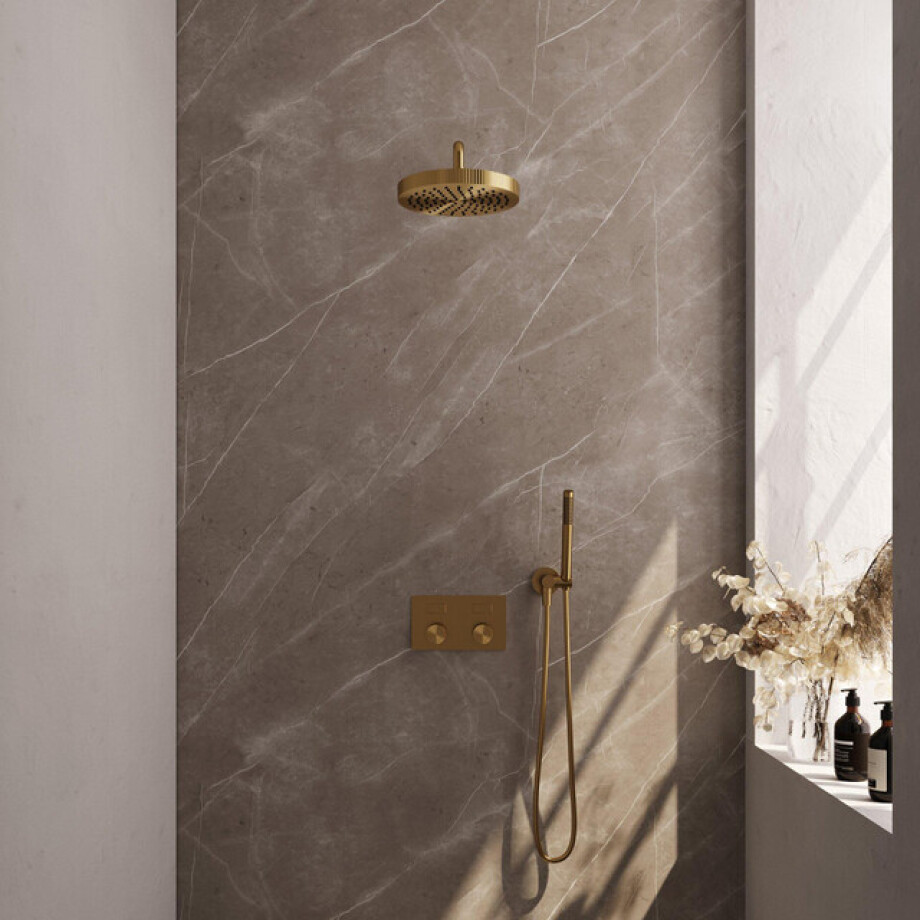 BRAUER Stripe Thermostatische Inbouw Regendouche - drukknoppen - SET 26 - 25cm douchekop - gebogen muurarm - staaf handdouche - doucheslang - wandaansluitbocht - goud geborsteld PVD 5-GG-415 BRAUER Stripe Thermostatische Inbouw Regendouche - drukknoppen - SET 26 - 25cm douchekop - gebogen muurarm - staaf handdouche - doucheslang - wandaansluitbocht - goud geborsteld PVD 5-GG-415 afbeelding 1