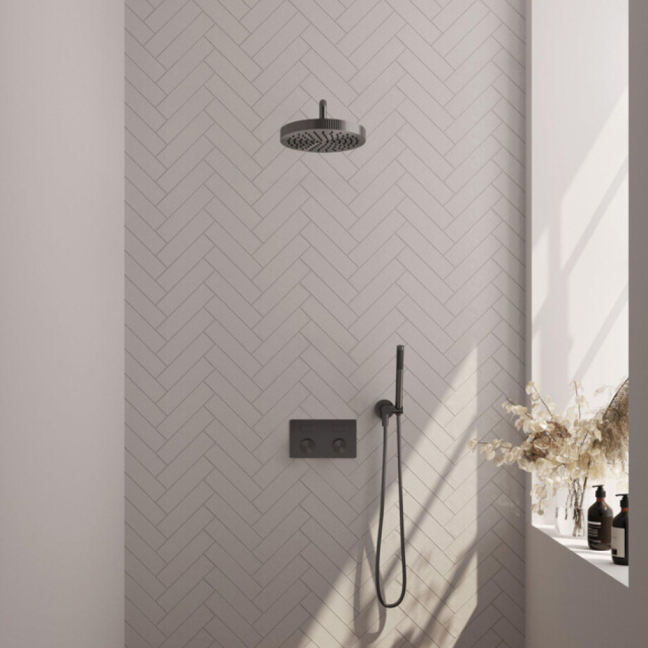 BRAUER Stripe Thermostatische Inbouw Regendouche - drukknoppen - SET 26 - 25cm douchekop - gebogen muurarm - staaf handdouche - doucheslang - wandaansluitbocht - gunmetal geborsteld PVD 5-GM-415 afbeelding 1
