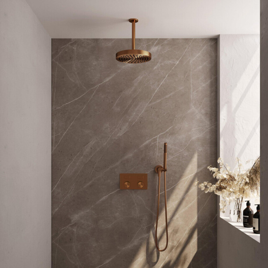 BRAUER Stripe Thermostatische Inbouw Regendouche - drukknoppen - SET 27 - 25cm douchekop - plafondarm - staaf handdouche - doucheslang - wandaansluitbocht - koper geborsteld PVD 5-GK-417 BRAUER Stripe Thermostatische Inbouw Regendouche - drukknoppen - SET 27 - 25cm douchekop - plafondarm - staaf handdouche - doucheslang - wandaansluitbocht - koper geborsteld PVD 5-GK-417 afbeelding 1