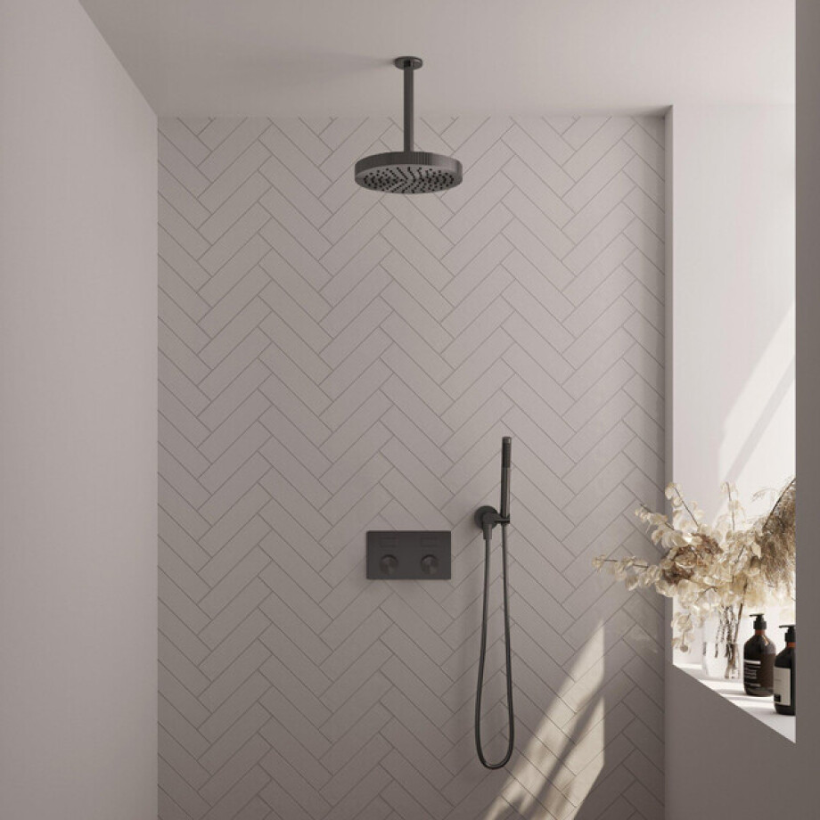 BRAUER Stripe Thermostatische Inbouw Regendouche - drukknoppen - SET 27 - 25cm douchekop - plafondarm - staaf handdouche - doucheslang - wandaansluitbocht - gunmetal geborsteld PVD 5-GM-417 afbeelding 1