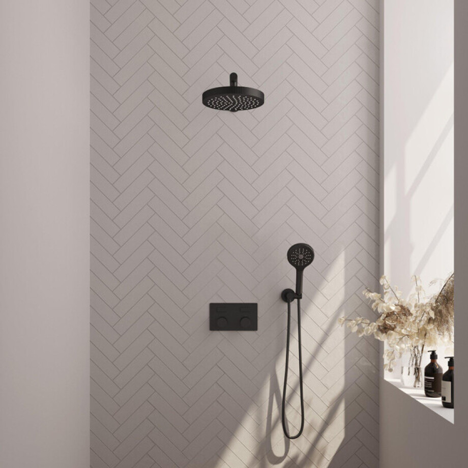 BRAUER Stripe Thermostatische Inbouw Regendouche - drukknoppen - SET 28 - 25cm douchekop - rechte muurarm - 3-standen handdouche - doucheslang - wandaansluitbocht - mat zwart 5-S-419 BRAUER Stripe Thermostatische Inbouw Regendouche - drukknoppen - SET 28 - 25cm douchekop - rechte muurarm - 3-standen handdouche - doucheslang - wandaansluitbocht - mat zwart 5-S-419 afbeelding 1