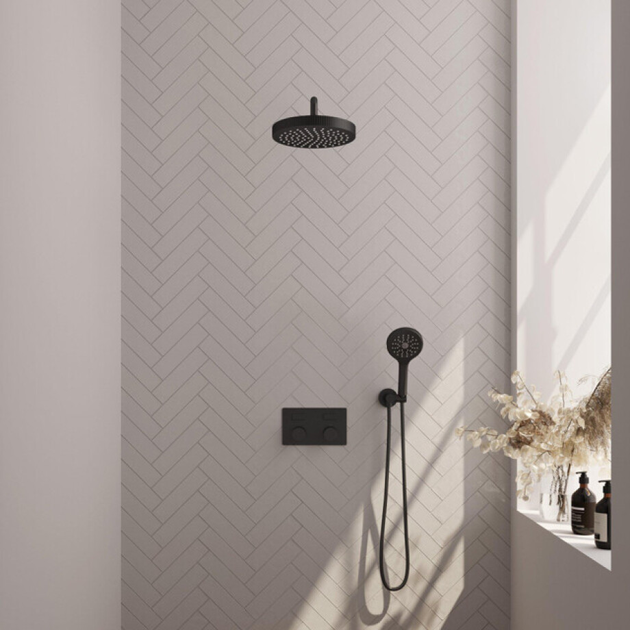 BRAUER Stripe Thermostatische Inbouw Regendouche - drukknoppen - SET 29 - 25cm douchekop - gebogen muurarm - 3-standen handdouche - doucheslang - wandaansluitbocht - mat zwart 5-S-421 afbeelding 1