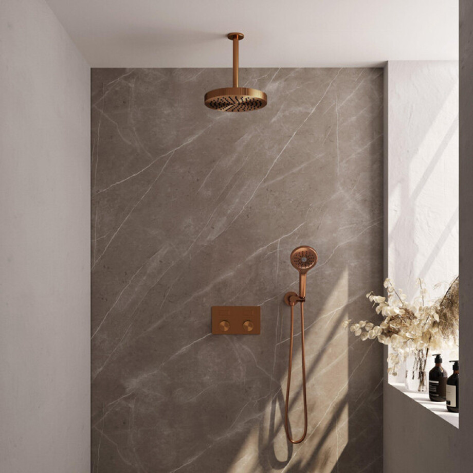 BRAUER Stripe Thermostatische Inbouw Regendouche - drukknoppen - SET 30 - 25cm douchekop - plafondarm - 3-standen handdouche - doucheslang - wandaansluitbocht - koper geborsteld PVD 5-GK-423 BRAUER Stripe Thermostatische Inbouw Regendouche - drukknoppen - SET 30 - 25cm douchekop - plafondarm - 3-standen handdouche - doucheslang - wandaansluitbocht - koper geborsteld PVD 5-GK-423 afbeelding 1