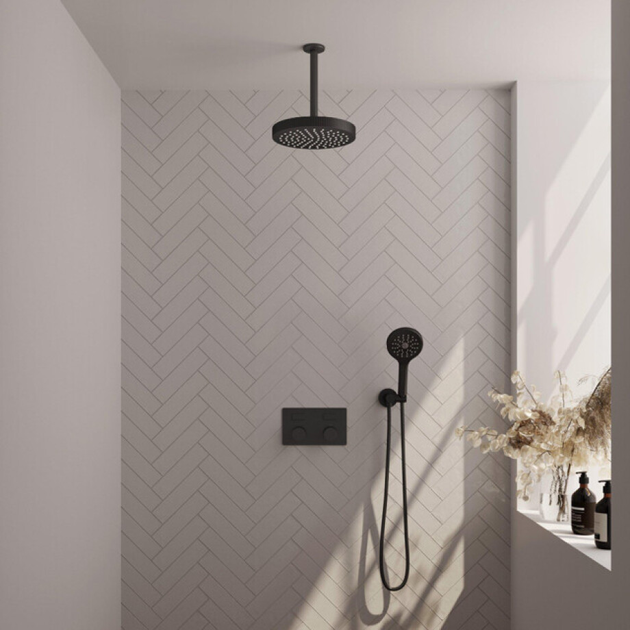 BRAUER Stripe Thermostatische Inbouw Regendouche - drukknoppen - SET 30 - 25cm douchekop - plafondarm - 3-standen handdouche - doucheslang - wandaansluitbocht - mat zwart 5-S-423 BRAUER Stripe Thermostatische Inbouw Regendouche - drukknoppen - SET 30 - 25cm douchekop - plafondarm - 3-standen handdouche - doucheslang - wandaansluitbocht - mat zwart 5-S-423 afbeelding 1