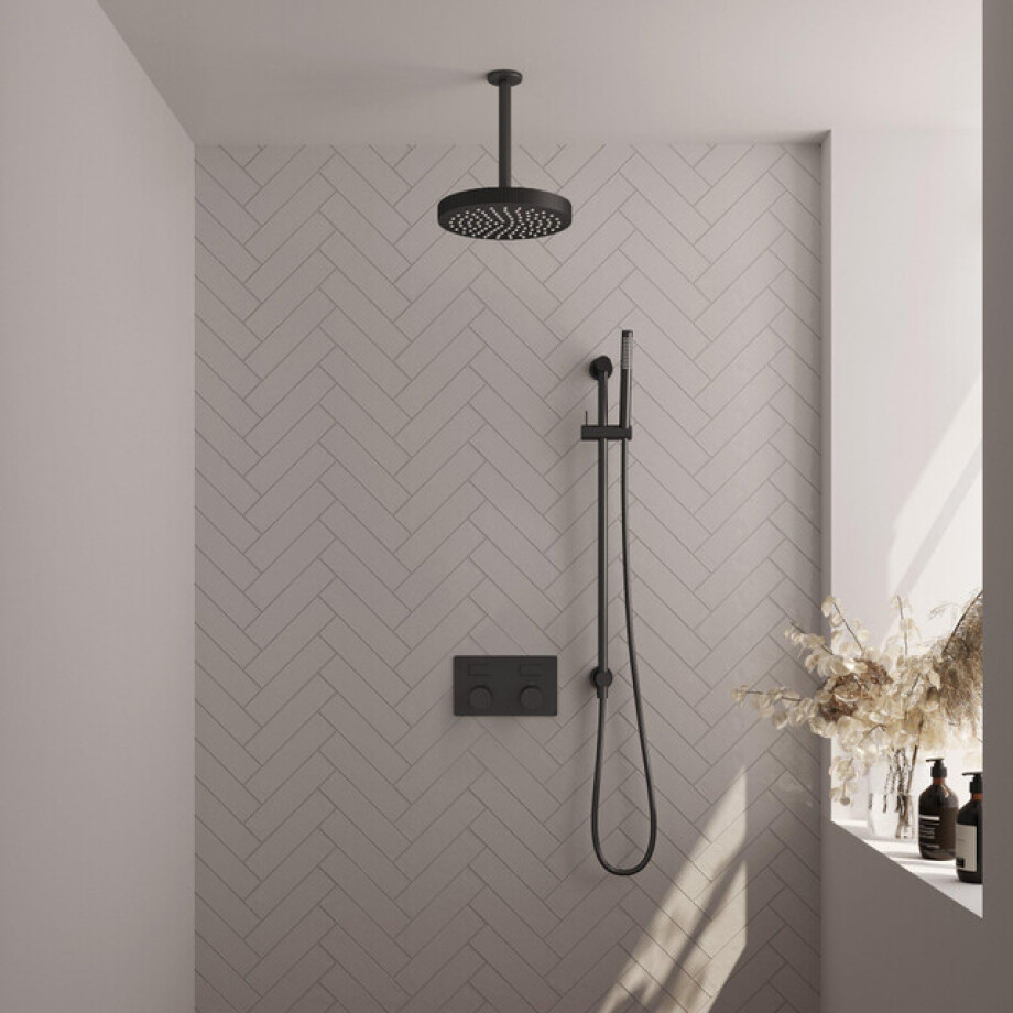 BRAUER Stripe Thermostatische Inbouw Regendouche - drukknoppen - SET 33 - 25cm douchekop - plafondarm - staaf handdouche - doucheslang - geïntegreerde glijstang - mat zwart 5-S-429 BRAUER Stripe Thermostatische Inbouw Regendouche - drukknoppen - SET 33 - 25cm douchekop - plafondarm - staaf handdouche - doucheslang - geïntegreerde glijstang - mat zwart 5-S-429 afbeelding 1