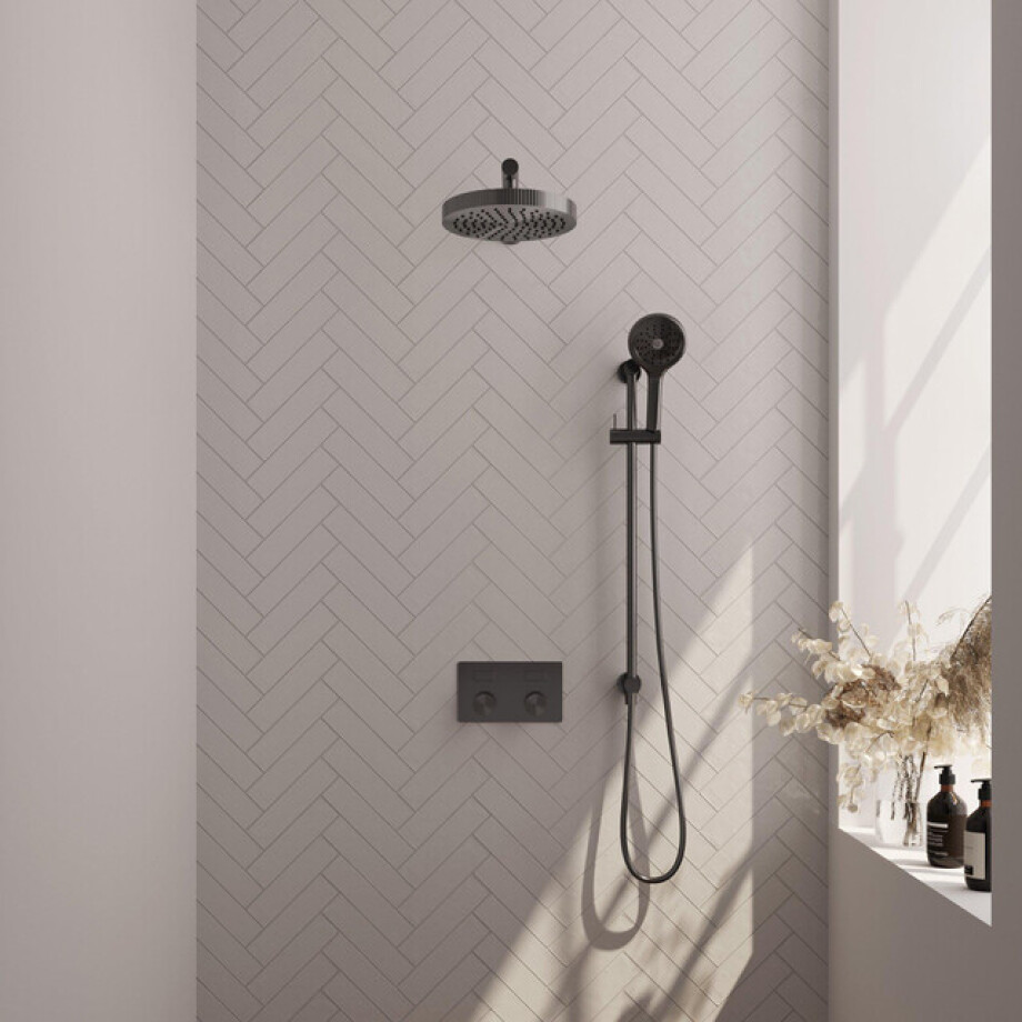 BRAUER Stripe Thermostatische Inbouw Regendouche - drukknoppen - SET 34 - 25cm douchekop - rechte muurarm - 3-standen handdouche - doucheslang - geïntegreerde glijstang - gunmetal geborsteld PVD 5-GM-431 BRAUER Stripe Thermostatische Inbouw Regendouche - drukknoppen - SET 34 - 25cm douchekop - rechte muurarm - 3-standen handdouche - doucheslang - geïntegreerde glijstang - gunmetal geborsteld PVD 5-GM-431 afbeelding 1