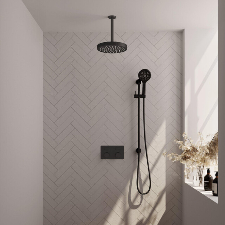 BRAUER Stripe Thermostatische Inbouw Regendouche - drukknoppen - SET 36 - 25cm douchekop - plafondarm - 3-standen handdouche - doucheslang - geïntegreerde glijstang - mat zwart 5-S-435 BRAUER Stripe Thermostatische Inbouw Regendouche - drukknoppen - SET 36 - 25cm douchekop - plafondarm - 3-standen handdouche - doucheslang - geïntegreerde glijstang - mat zwart 5-S-435 afbeelding 1