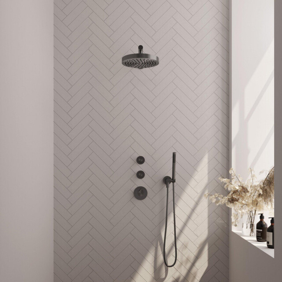BRAUER Stripe Thermostatische Inbouw Regendouche - SET 01 - 25cm douchekop - rechte muurarm - staaf handdouche - doucheslang - wandaansluitbocht - gunmetal geborsteld PVD 5-GM-365 afbeelding 1