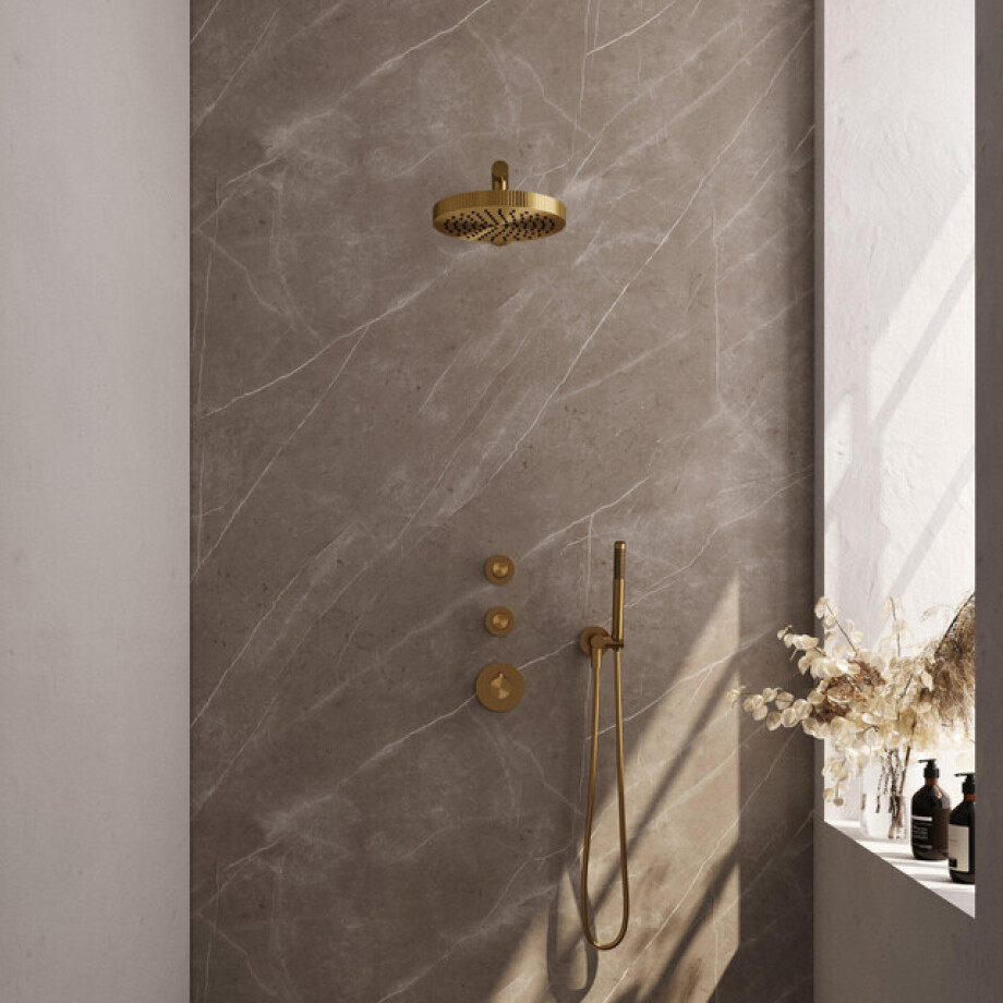 BRAUER Stripe Thermostatische Inbouw Regendouche - SET 01 - 25cm douchekop - rechte muurarm - staaf handdouche - doucheslang - wandaansluitbocht - goud geborsteld PVD 5-GG-365 BRAUER Stripe Thermostatische Inbouw Regendouche - SET 01 - 25cm douchekop - rechte muurarm - staaf handdouche - doucheslang - wandaansluitbocht - goud geborsteld PVD 5-GG-365 afbeelding 1