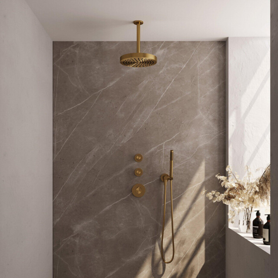 BRAUER Stripe Thermostatische Inbouw Regendouche - SET 03 - 25cm douchekop - plafondarm - staaf handdouche - doucheslang - wandaansluitbocht - goud geborsteld PVD 5-GG-369 BRAUER Stripe Thermostatische Inbouw Regendouche - SET 03 - 25cm douchekop - plafondarm - staaf handdouche - doucheslang - wandaansluitbocht - goud geborsteld PVD 5-GG-369 afbeelding 1