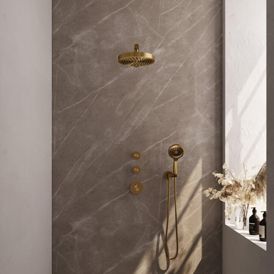 BRAUER Stripe Thermostatische Inbouw Regendouche - SET 04 - 25cm douchekop - rechte muurarm - 3-standen handdouche - doucheslang - wandaansluitbocht - goud geborsteld PVD 5-GG-371 BRAUER Stripe Thermostatische Inbouw Regendouche - SET 04 - 25cm douchekop - rechte muurarm - 3-standen handdouche - doucheslang - wandaansluitbocht - goud geborsteld PVD 5-GG-371 afbeelding 1